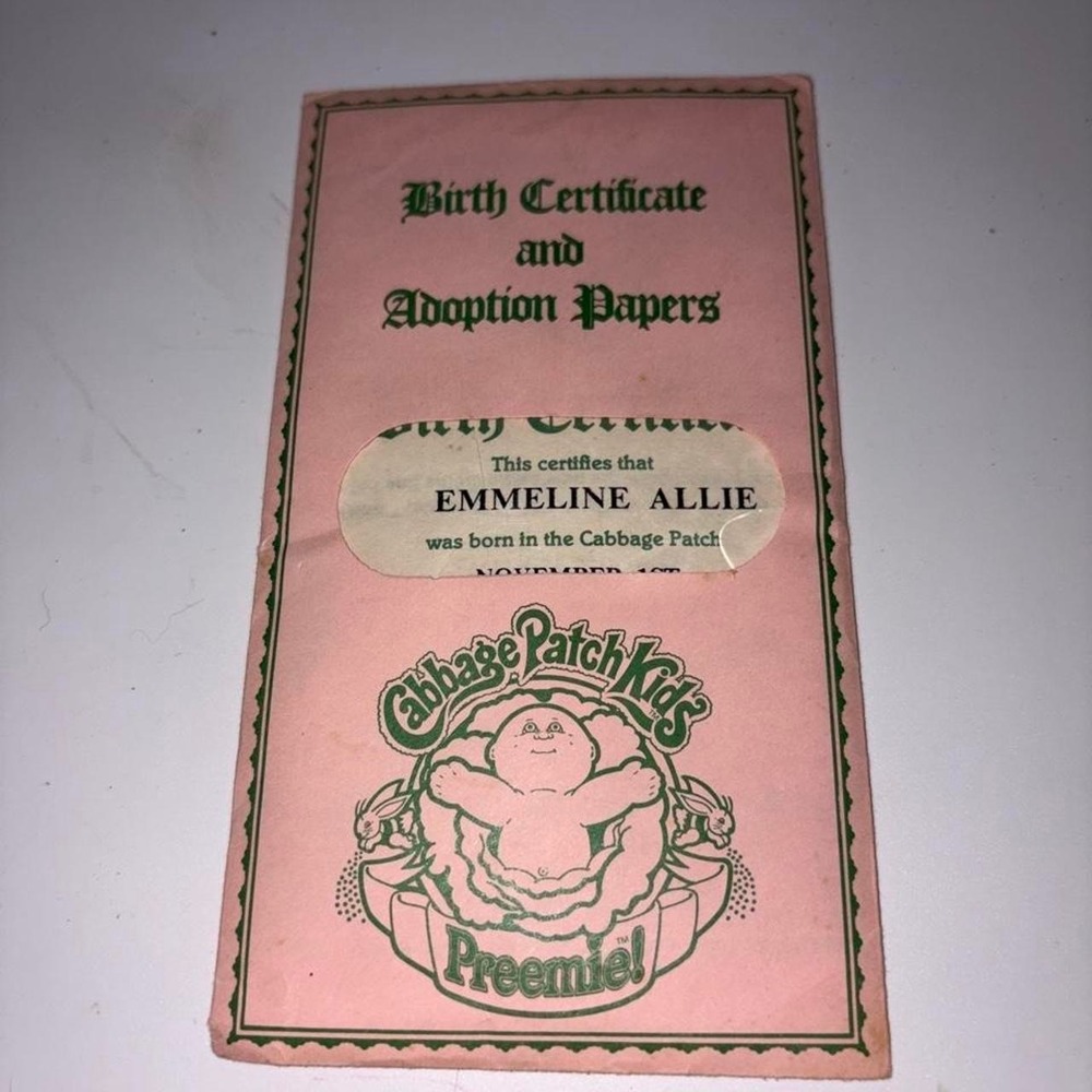 vintage 1980s Cabbage Patch Kids Preemie Birth Certificate and Adoption Paper